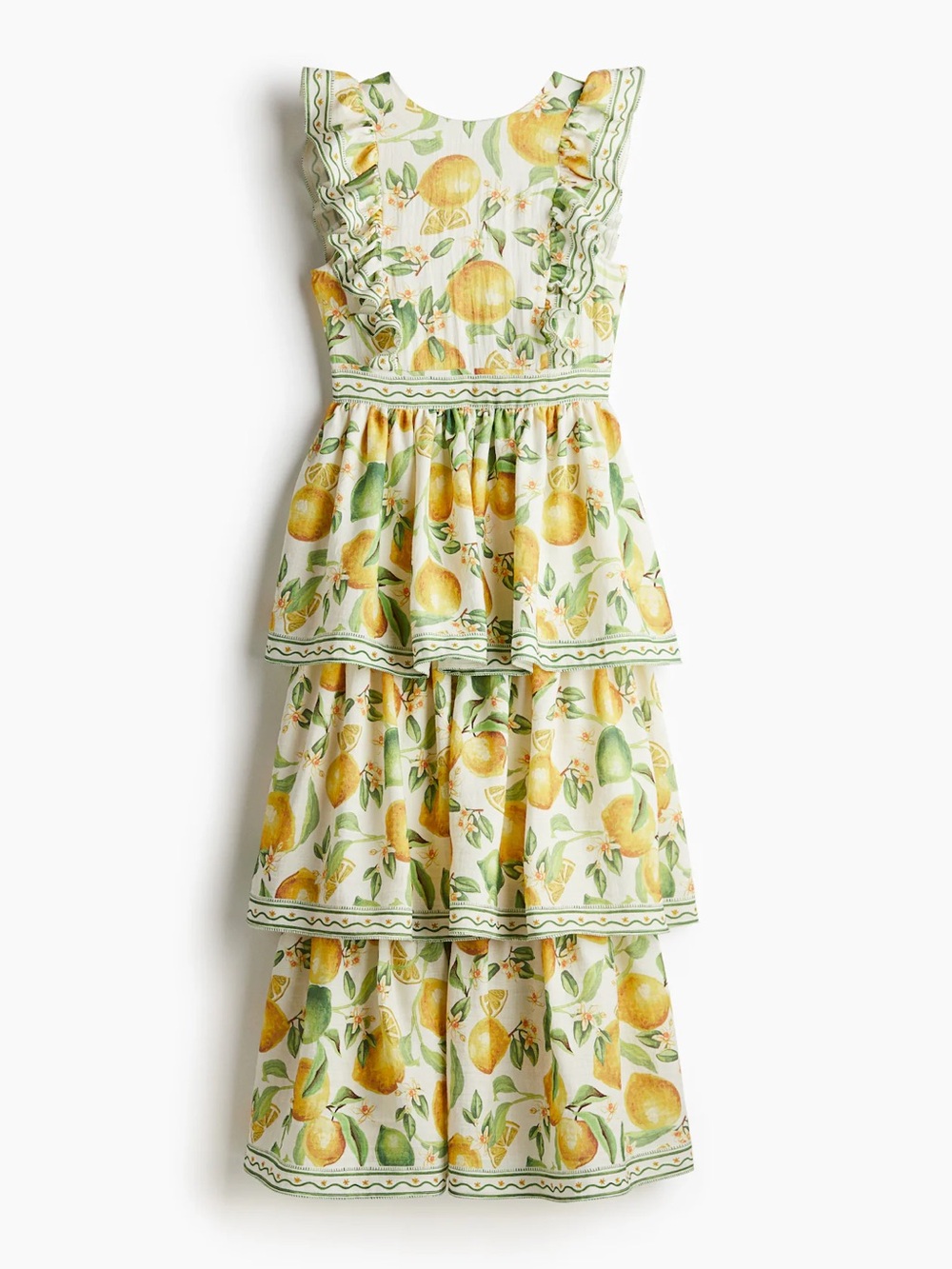 Tiered Lemon Print Sundress in Yellow & Green LINEN
